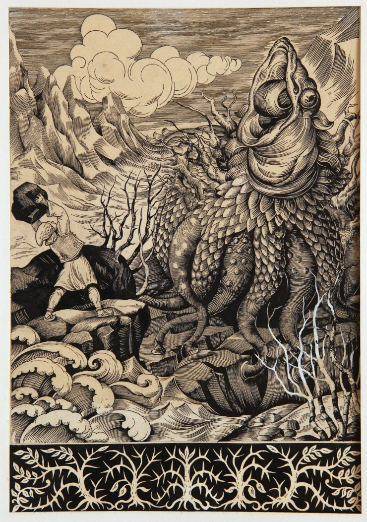 Andrieș eliberează Nistru de nesățiosul monstru Sătilă. Ilustrație la „Andrieș” după E. Bucov