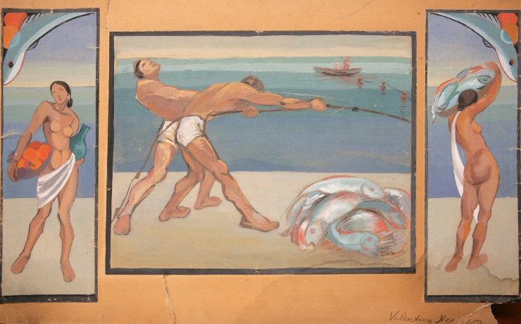 Schiță de pictură murală din 3 părți. Compoziție cu pescari