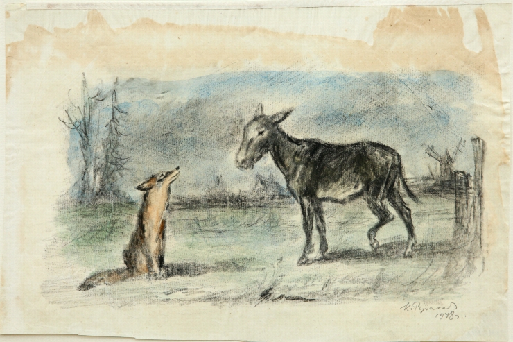 Ilustrație la fabula „O vulpe și un măgar” lui I.A.Krîlov