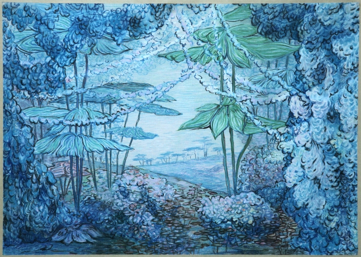 Valea florilor. Schiță de decor la spectacolul „Buzduganul fermecat” de L. Deleanu