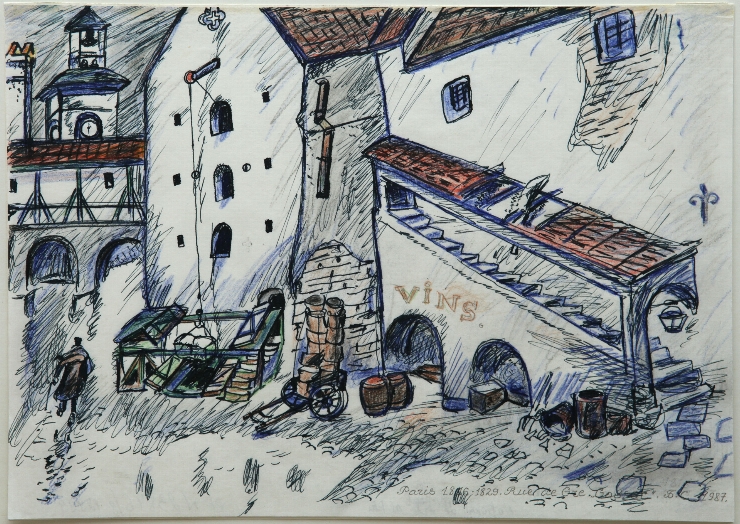 Paris 1816-29. Rue de Grie. Schiță de decor la f.a. „Gobsek”