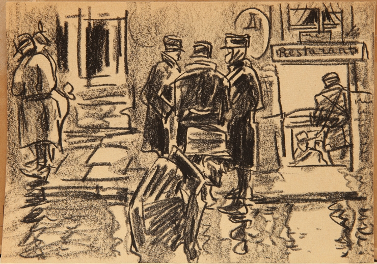 Lîngă restaurant. Ilustrație la opera „Focul” de Henri Barbusse