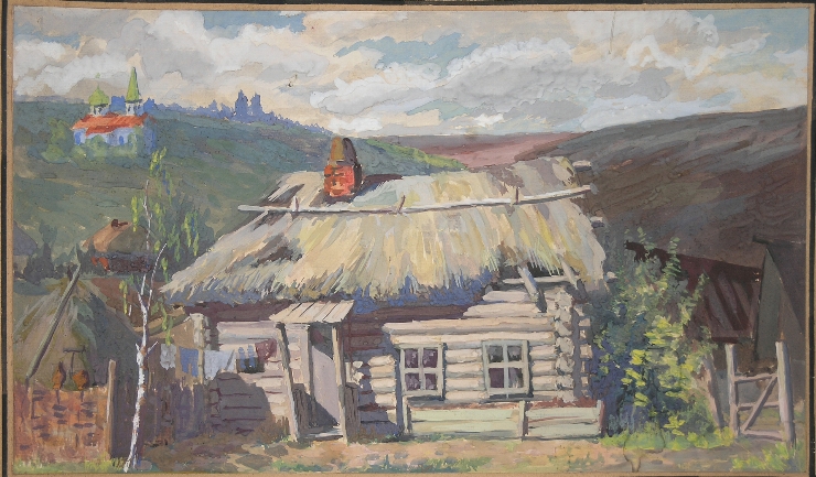 Peisaj rural cu casă bătrînească de lemn