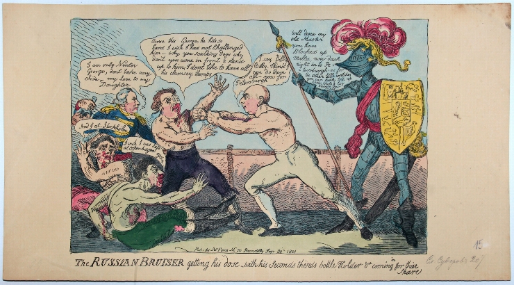 Caricatura politică. ”The Russian Bruisek getting his close with his seconds therds volle Holder”