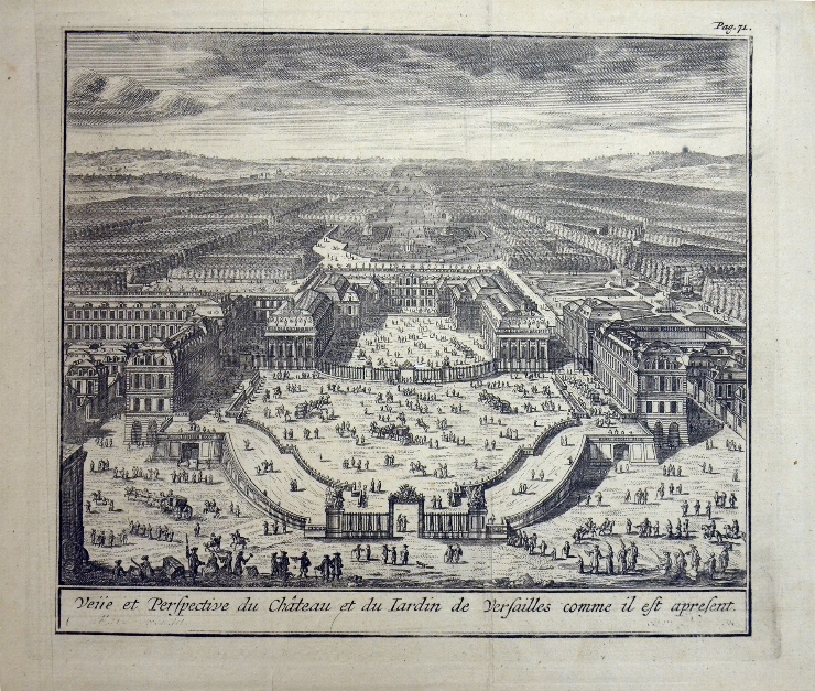 Vedere panoramică a palatului Versailles şi a împrejurimilor din partea estică