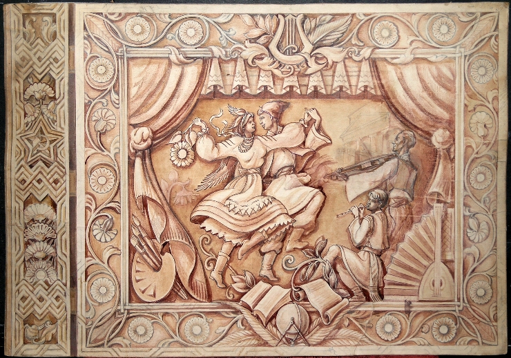 Schiţă de decor cu dans moldovenesc pentru pavilionul moldovenesc