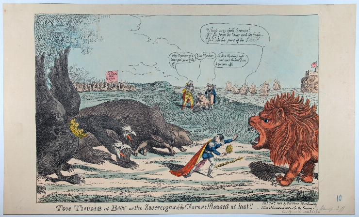 Caricatură politică. ”Tom Thumb at Bay or the sovereigns of the Forst Roused al last”