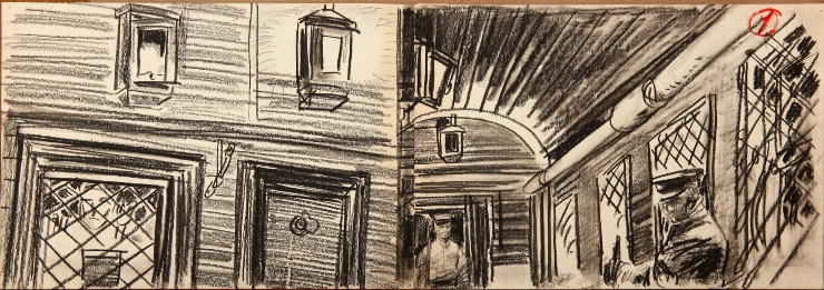 Lazo condus la execuţie. Schiţă de decor la filmul artistic 