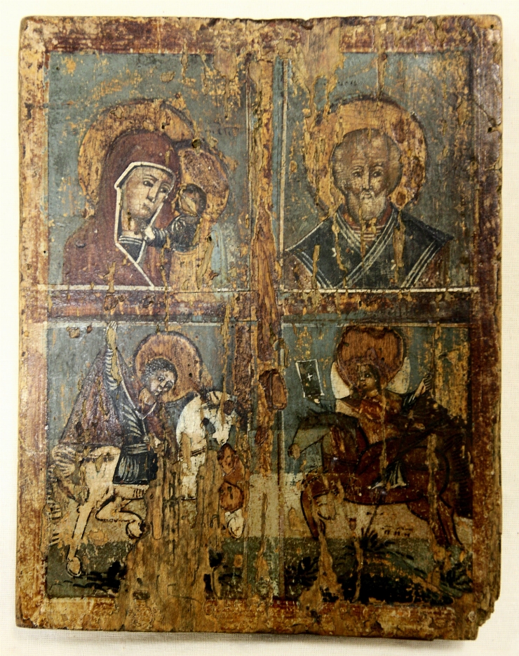 Icoană cu 4 imagini: Maica Domnlui cu Pruncul, Sfinţii Nicolae, Gheorghe şi Sf. Muc. Dimitrie