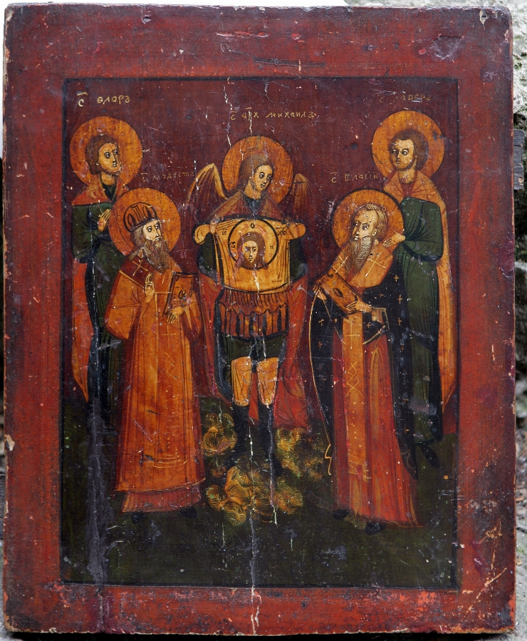 Arh. Mihail, asistat de sf. Modest, Vasile, Flor şi Lavr prezintă năframa cu chipul nefăurit al M...