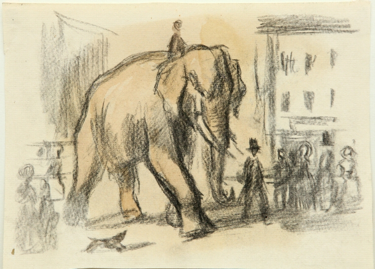Ilustrație la fabula „Un elefant și cîinele Mosika” lui I.A.Krîlov