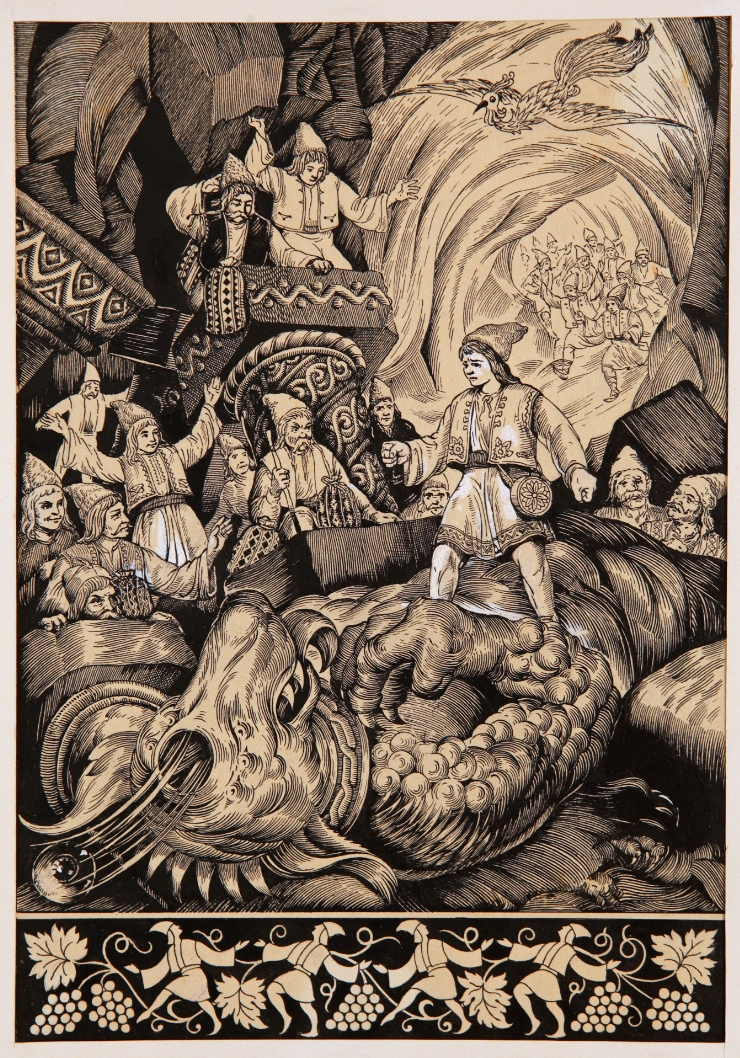 Andrieș îl omoară pe canibalul Căpcăun. Ilustrație la „Andrieș” după E. Bucov