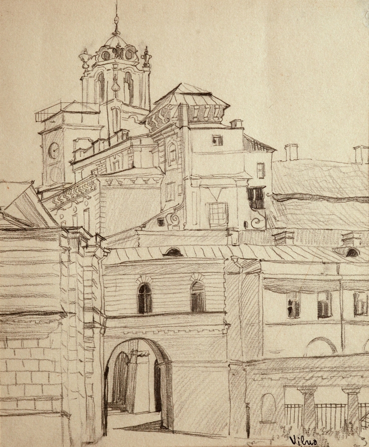 Vilnius. Casă şi turn cu orologiu după arcă