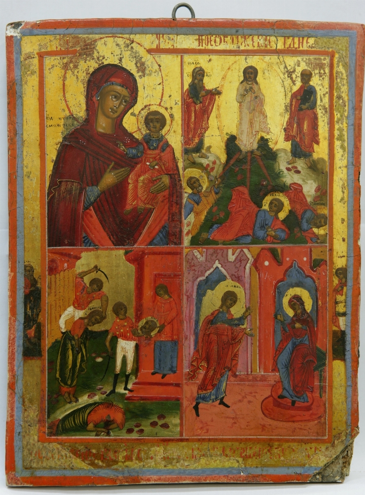 Icoană cu 4 scene: Maica Domnului de Smolensk, Schimbarea la Faţă, Tăierea Capului Sf. Ioan, Buna...