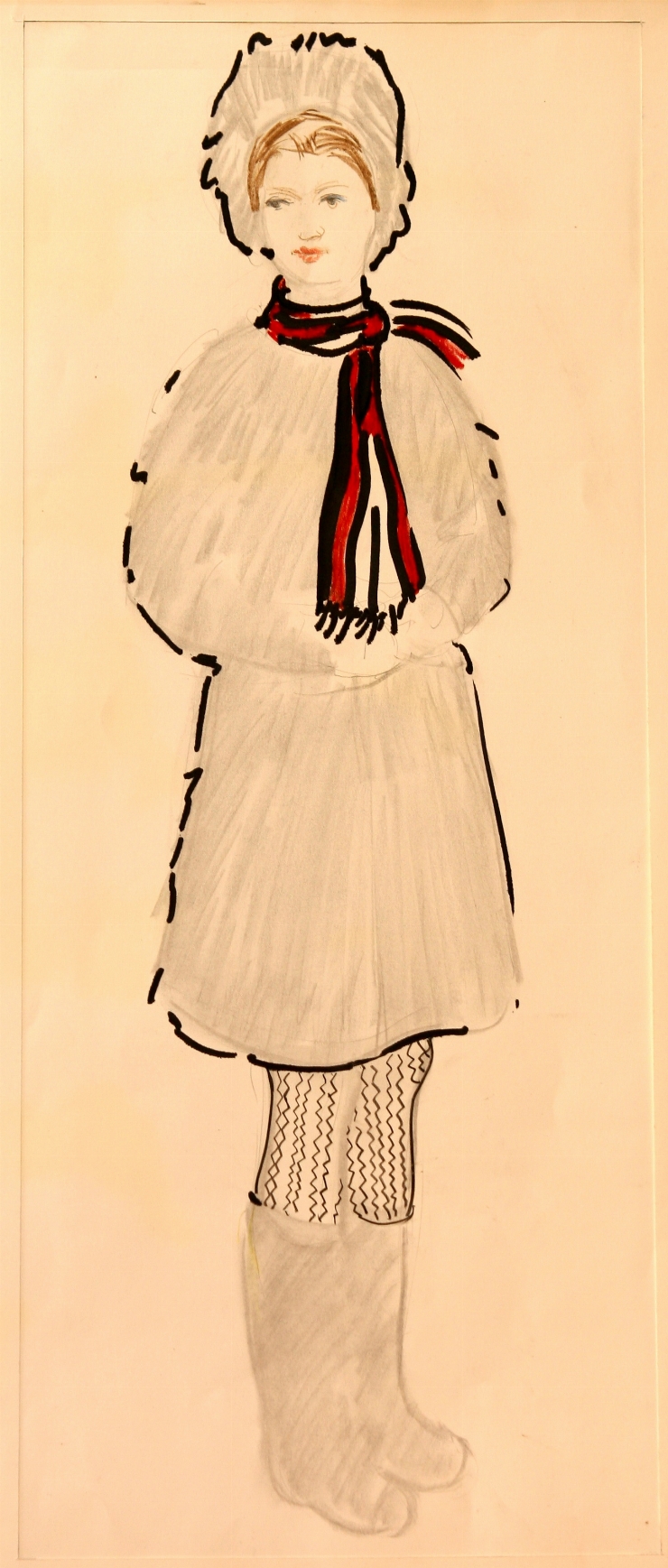 Schiţă de costum feminin cu fular. Schiţă de costum la f/a