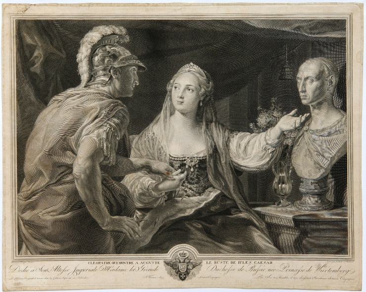 Cleopatra îi arată lui Augustus bustul lui Cezar (după Batoni)