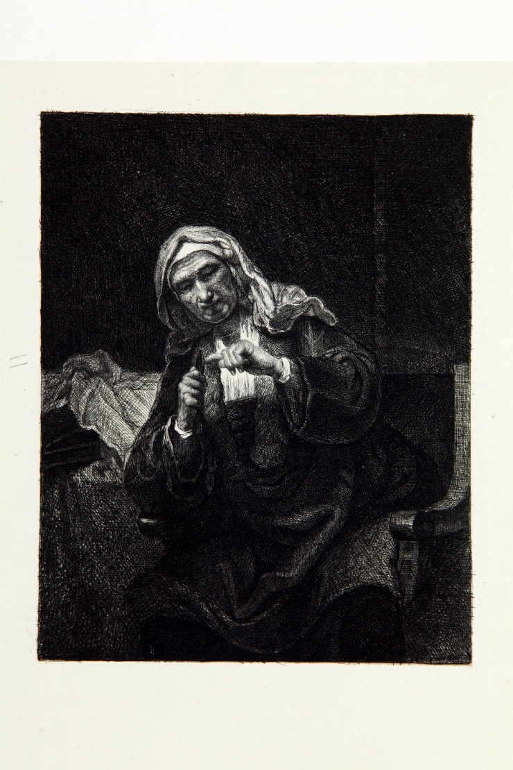 Bătrână tăindu-se unghile (de pe originalul lui Rembrandt)