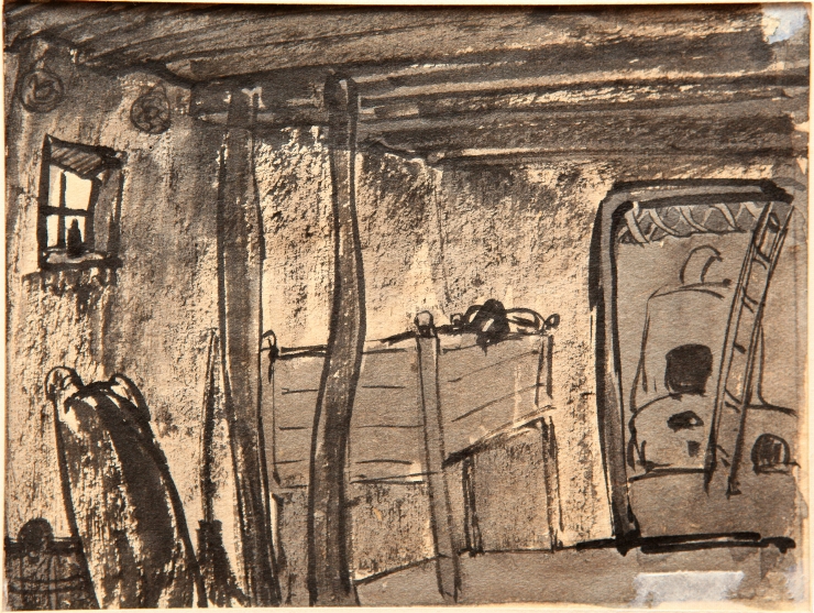 Interior de casă ţărănească (cu scară). Schiţă la f.a. 
