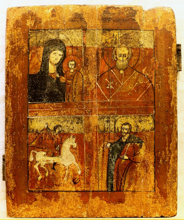 Icoană cu 4 imagini: Maica Domnului cu Pruncul, Sf. Nicolae, Sf. Gheorghe Biruitorul, Arh. Mihail