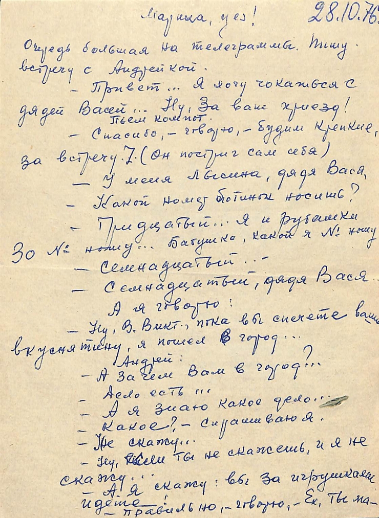 Scrisoare fără plic către Marianna Lomako, de la Vasile Vasilache: Nr. 101, 28.10.1976.