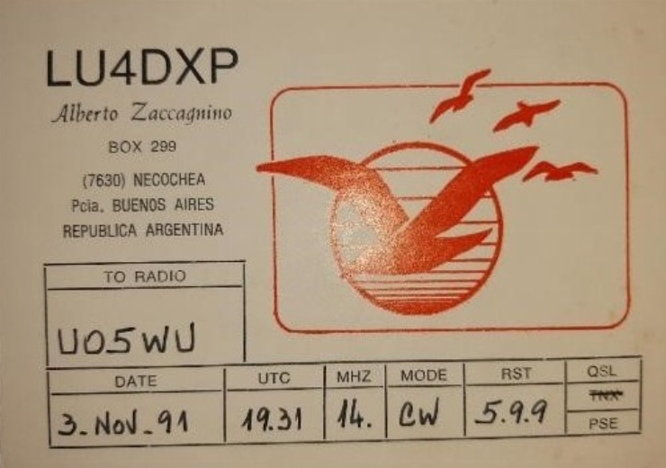 Card QSL al radioamatorului Alberto Zaccagnino (LU4DXP)