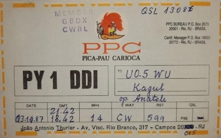 Card QSL al radioamatorului Antonio Thurler (PY1 DDI)        