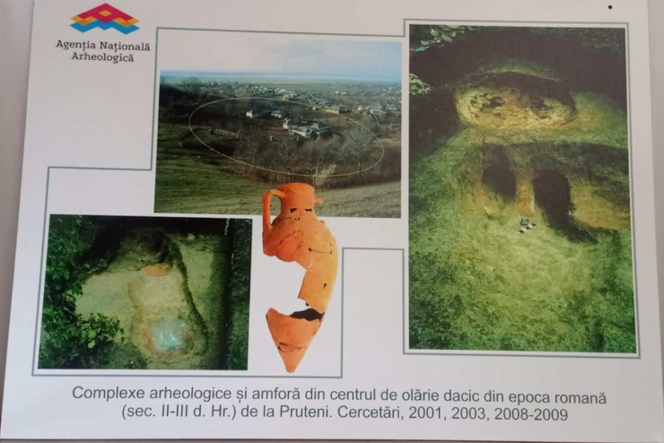 Panou - complexe arheologice și amforă din centrul de olărie dacic din epoca romană de la Pruteni