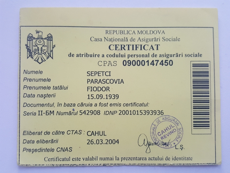 Certificat de atribuire a codului personal de asigurări sociale ale lui Sepetci Parascovia