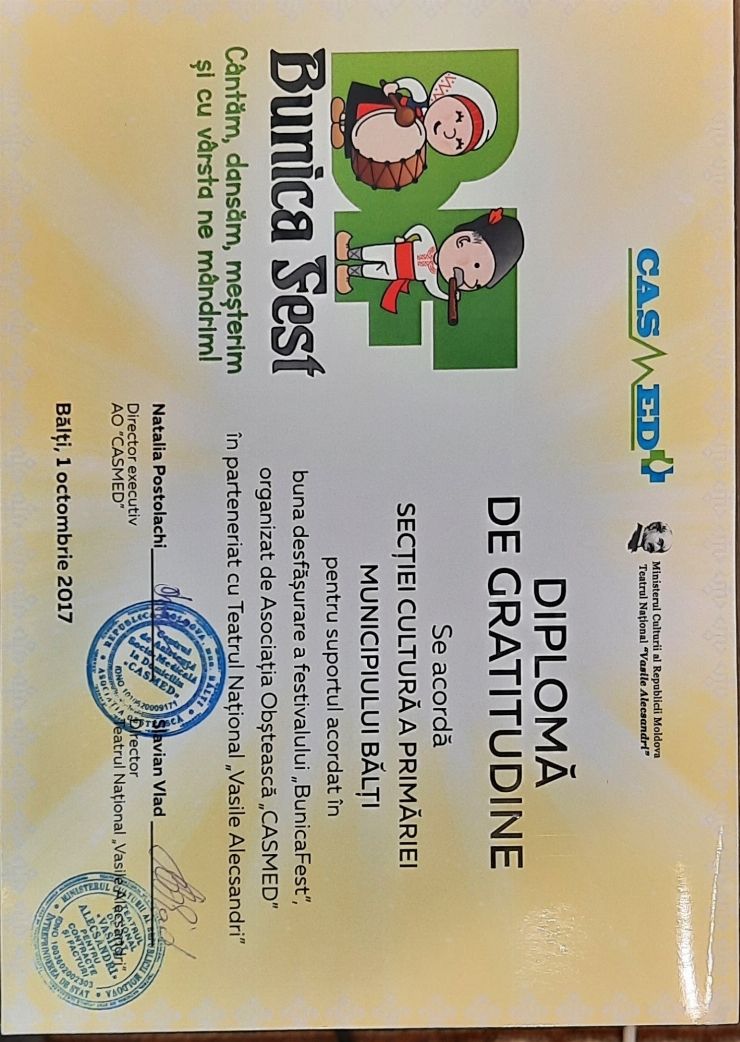 Diplomă Conferită Secției Cultură a primăriei mun.Bălți pentru buna desfășurare a festivalului „B...
