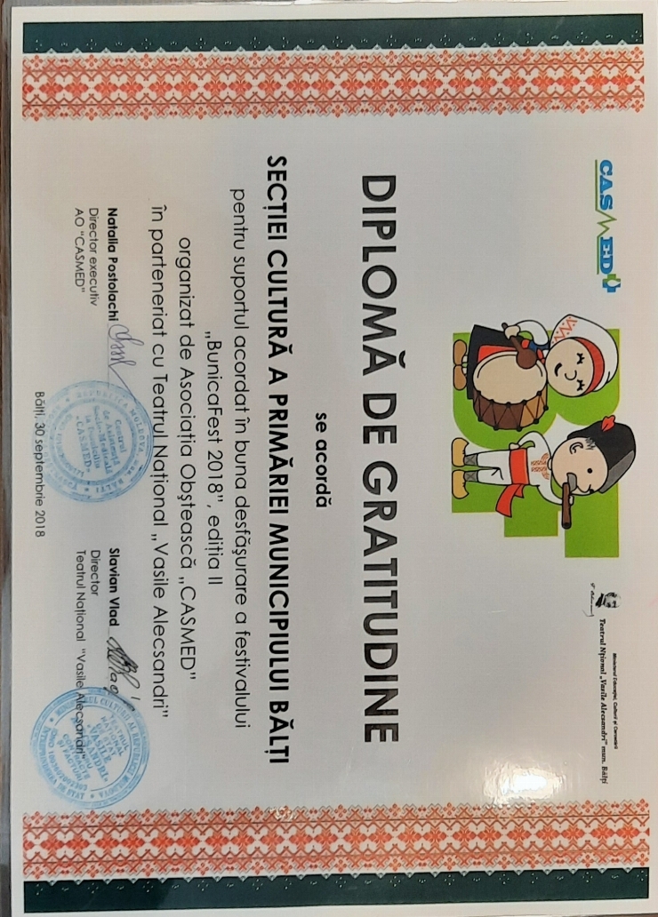 Diplomă Conferită Secției Cultură a primăriei mun.Bălți pentru buna desfășurare a festivalului „B...