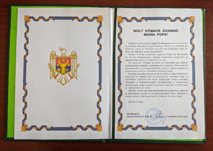 Diplomă de felicitare cu aniversarea a 50 de ani Doamnei Maria Popa.