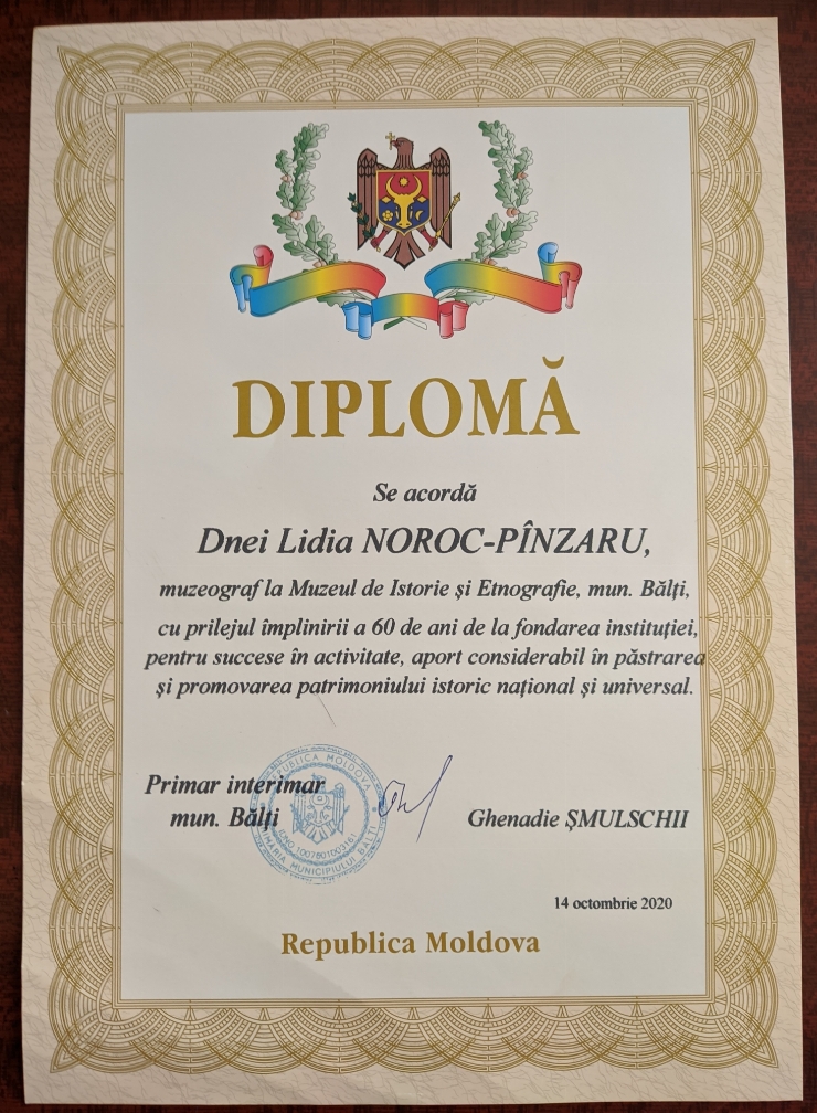 Diplomă d-nei Lidia Noroc-Pînzaru cu prilejul împlinirii a 60 ani de la fondarea Muzeului de Isto...