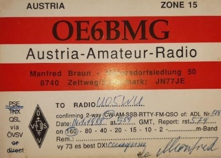 Card QSL al radioamatorului Manfred Braun (OE6BMG)