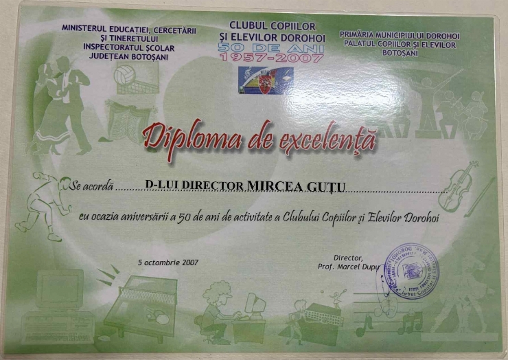 Diplomă de excelență a lui Mircea Guțu cu ocazia aniversării a 50 ani de activitate a clubului și...