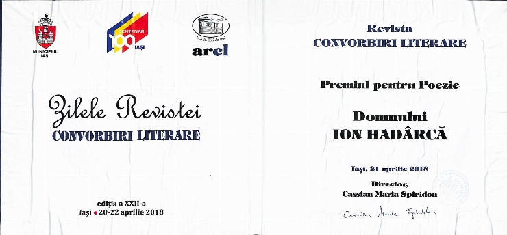 Diplomă. Uniunea Scriitorilor din România, Filiala Iași. Revista Convorbiri Literare