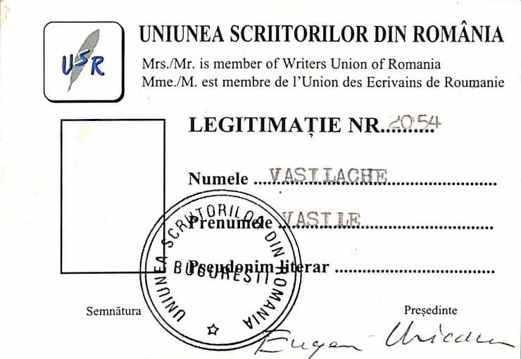 Legitimație, N.2054, de membru a Uniunii Scriitorilor din România,  Filiala Chișinău.
