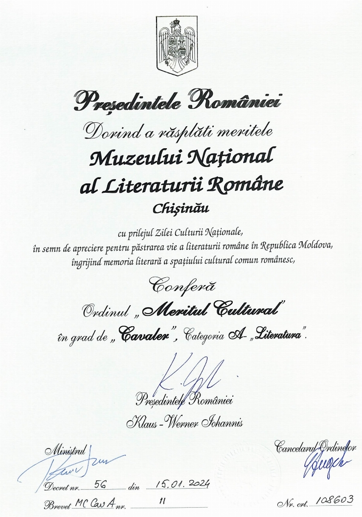 Document privind Distincția de Stat Ordinul „Meritul Cultural” în Grad de Cavaler, Categoria A - ...