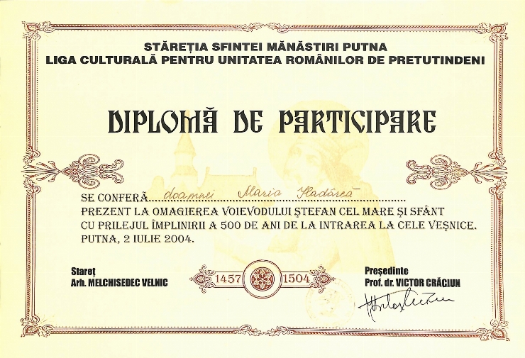 Diplomă. Stăreția Sfintei Mănăstiri Putna, Liga Culturală pentru Unitatea Românilor de Pretutindeni