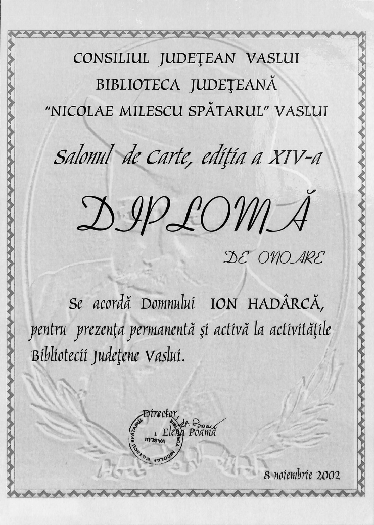 Diplomă. Consiliul Județean Vaslui. Salonul de Carte, Ediția a XIV-a, Biblioteca „Nicolae Milescu...