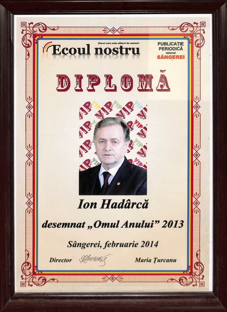   Ion Hadârcă, desemnat Omul Anului 2013.  Ziarul „Ecoul Nostru”, raionul Sângerei