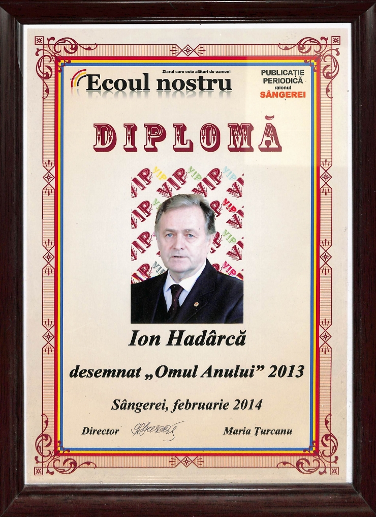   Ion Hadârcă, desemnat Omul Anului 2013.  Ziarul „Ecoul Nostru”, raionul Sângerei