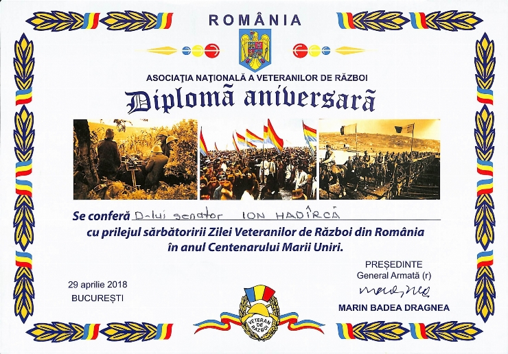 Diplomă.  Asociația Națională a Veteranilor de Război, România