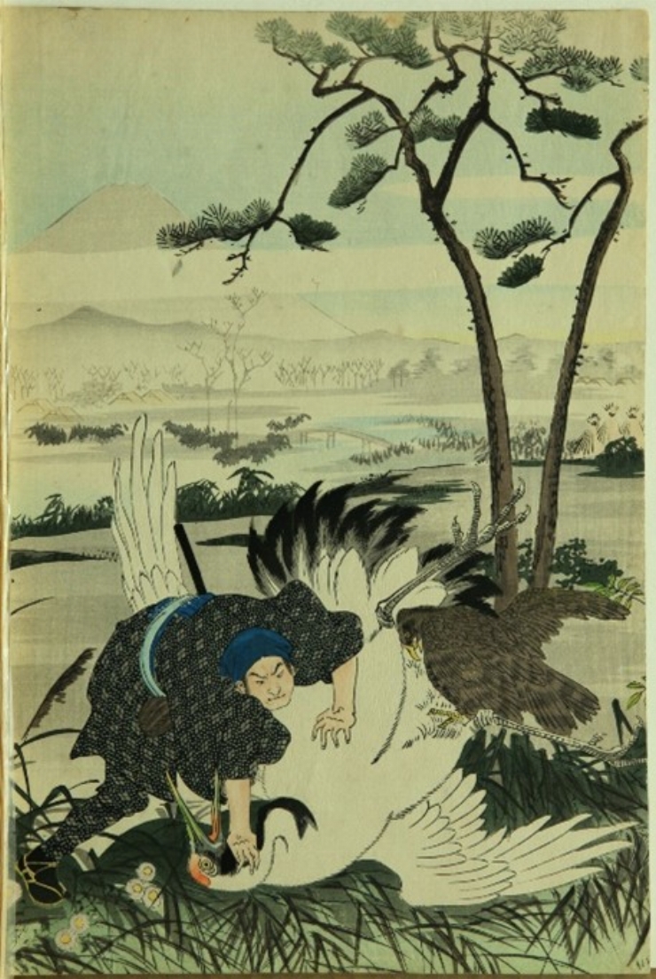 Vânatoarea de cocori;  seria: Ceremonii oficiale la palatul exterior al castelului Chiyodo (tript...