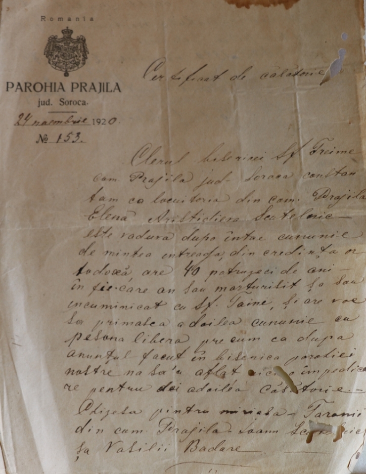Certificat de căsătorie pe numele Elenei Aristide Scutelnic din s. Prajila, jud. Soroca 