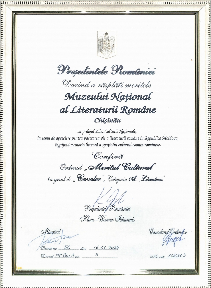 Document - Fotocopie privind Distincția de Stat Ordinul „Meritul Cultural” în Grad de Cavaler, Ca...