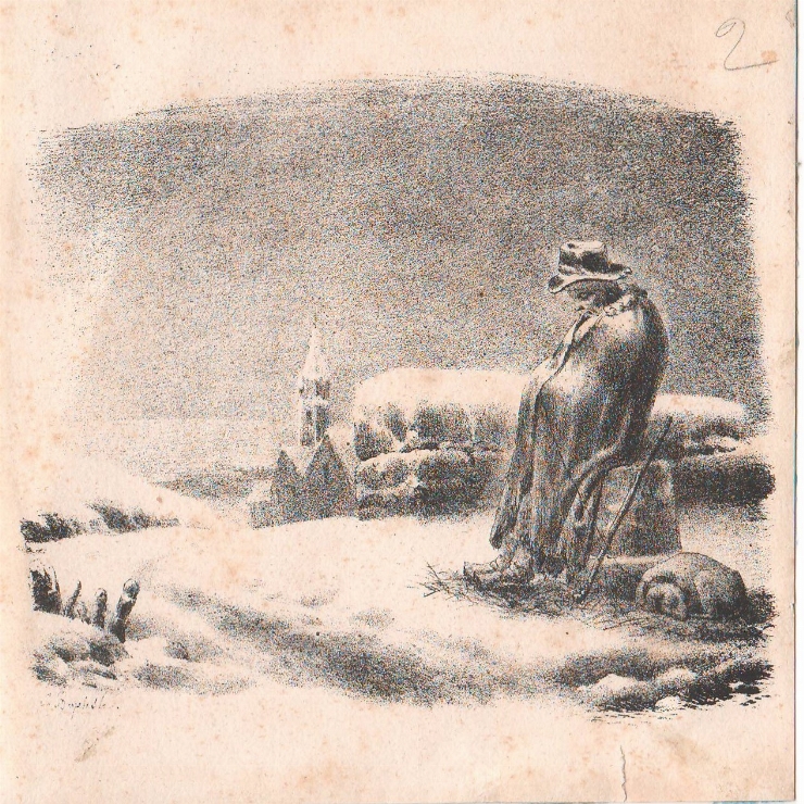 Litografie.  Regnault Jean Baptiste. «Drumețul înghețat». Sec. XIX. Franța.                      ...