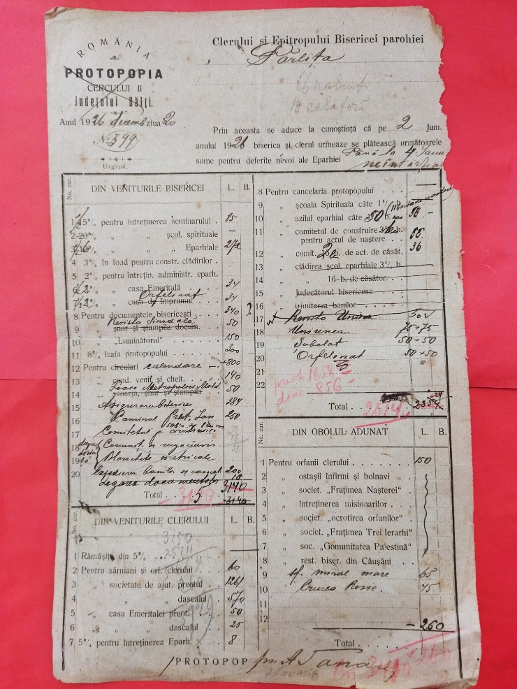 Clerului și Epitropului Bisericei parohiei Pîrlița
