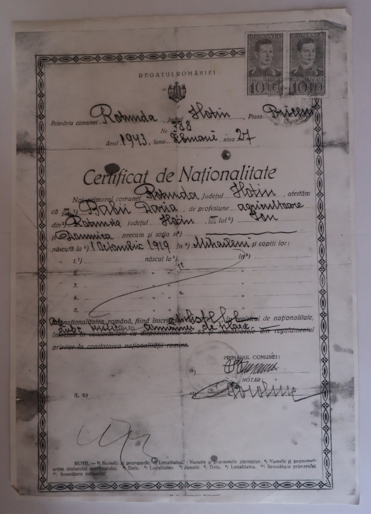  Certificat de naționalitate a lui Babii Daria din județul Hotin ,comuna  Rotunda