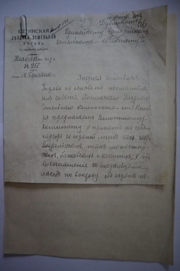 Îndrumare a Administrației funciare din județul Hotin despre ocrotirea pădurilor în volostea  Edi...