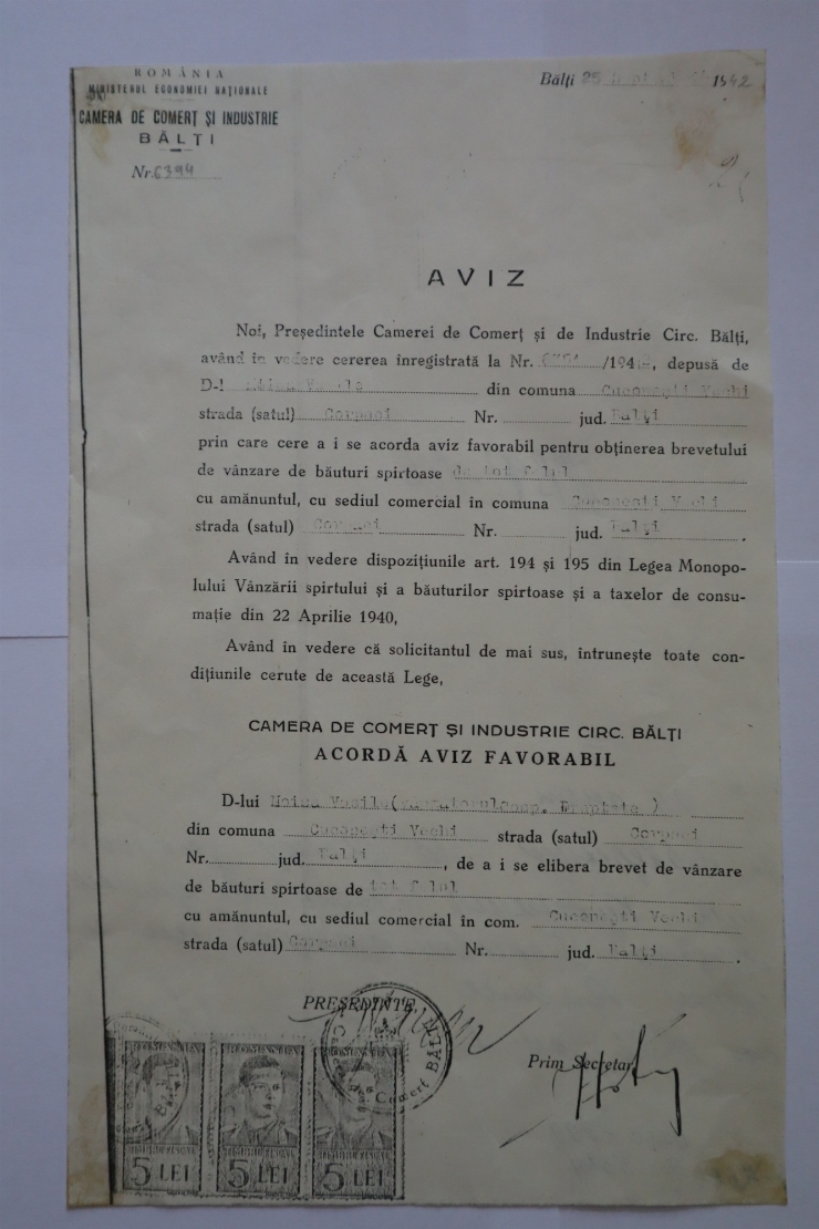 Certificat acordat lui Moisa Vasile din satul  Corpaci , comuna Cuconeștii Vechi, județul Bălți.